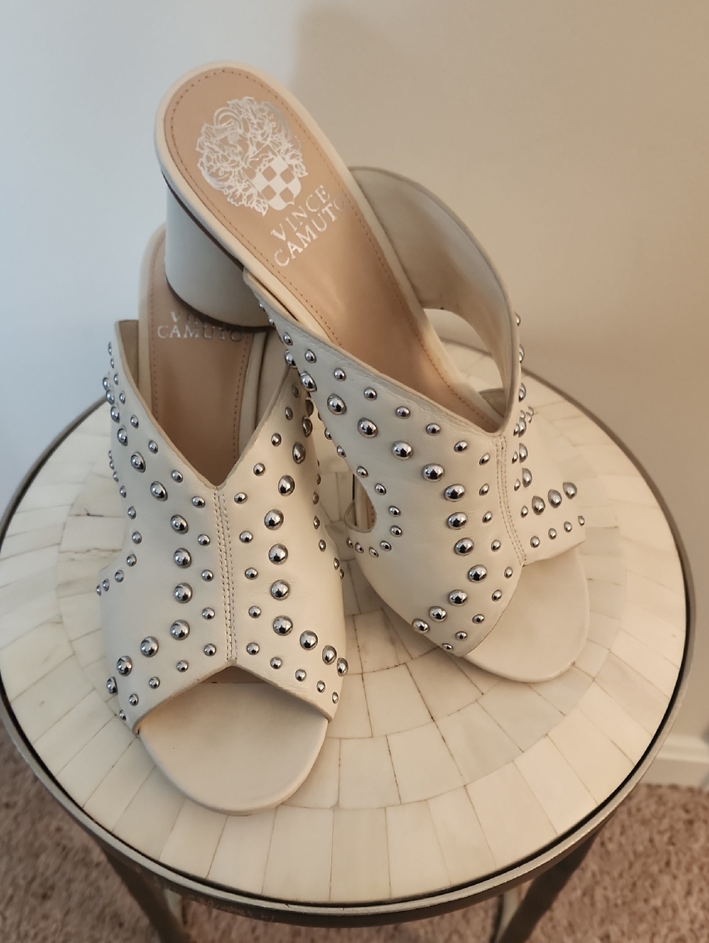 Vince Camuto Cream Leather Studded Mule Heels